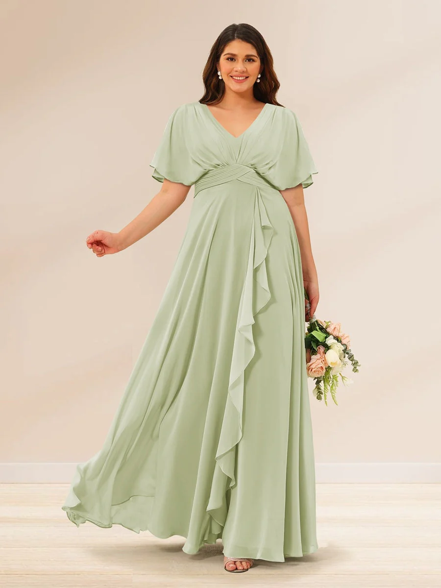 A-Line/Princess V-Neck Short Sleeves Plus Size Bridesmaid Dresses with Pockets - Image 3