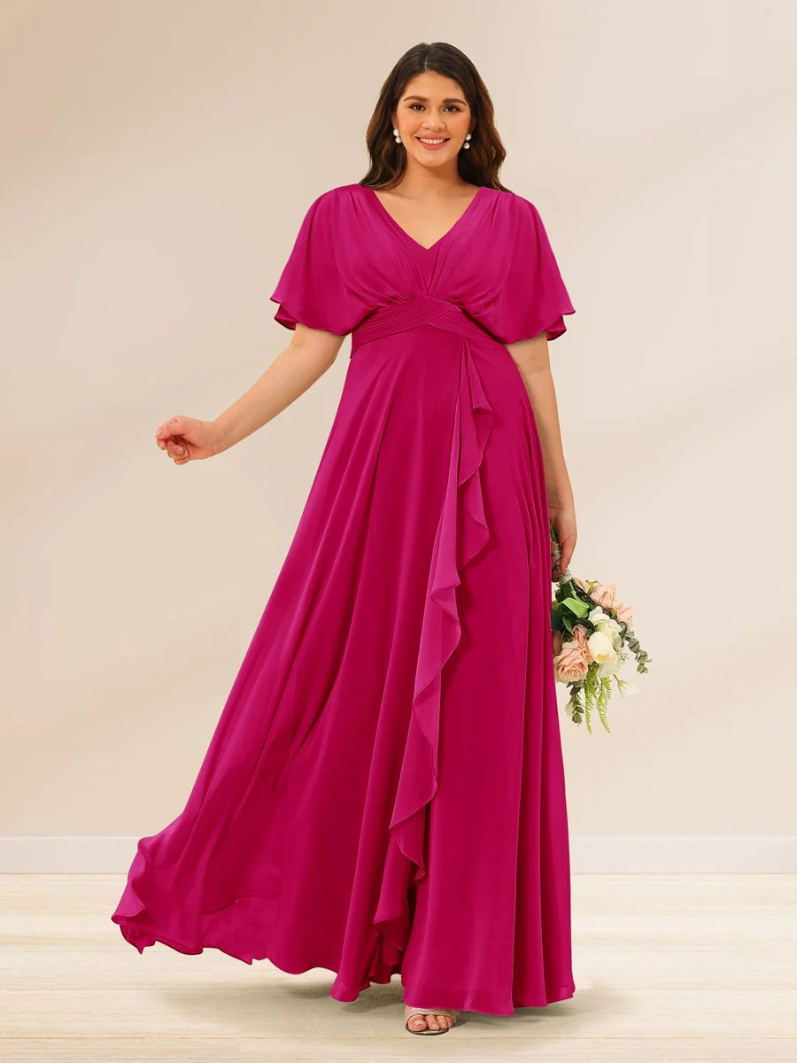 A-Line/Princess V-Neck Short Sleeves Plus Size Bridesmaid Dresses with Pockets - Image 30