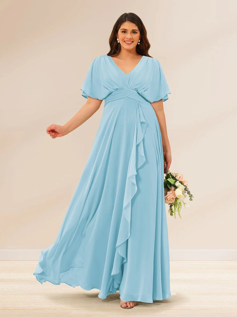 A-Line/Princess V-Neck Short Sleeves Plus Size Bridesmaid Dresses with Pockets - Image 44