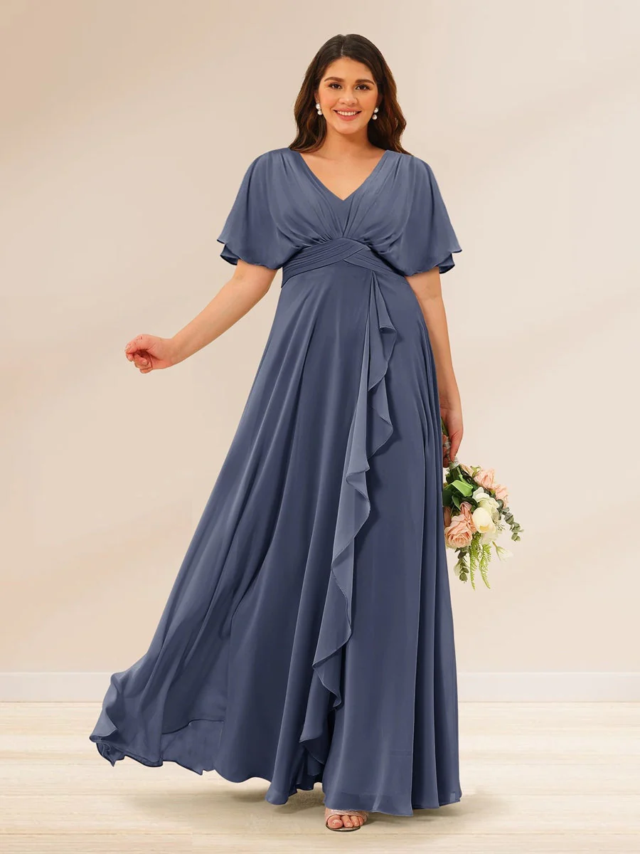 A-Line/Princess V-Neck Short Sleeves Plus Size Bridesmaid Dresses with Pockets - Image 52