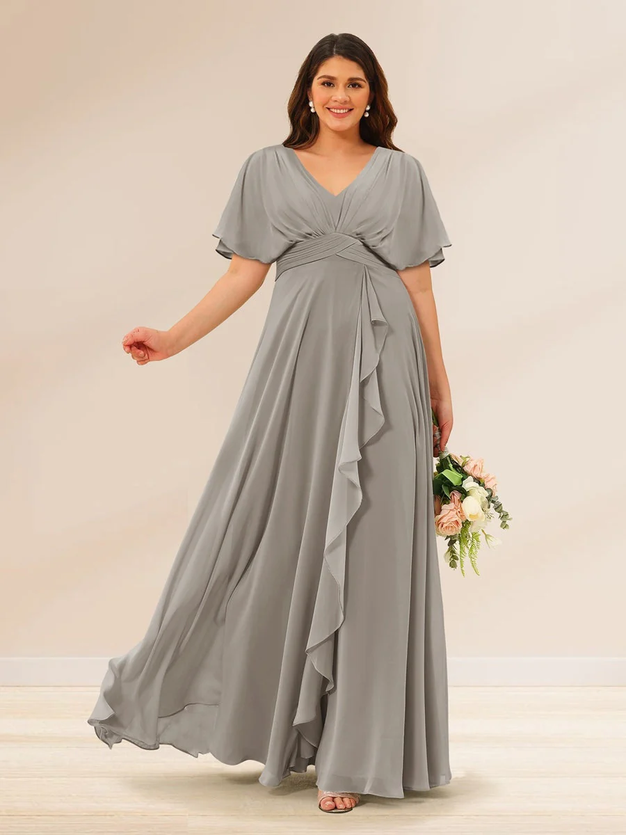 A-Line/Princess V-Neck Short Sleeves Plus Size Bridesmaid Dresses with Pockets - Image 68