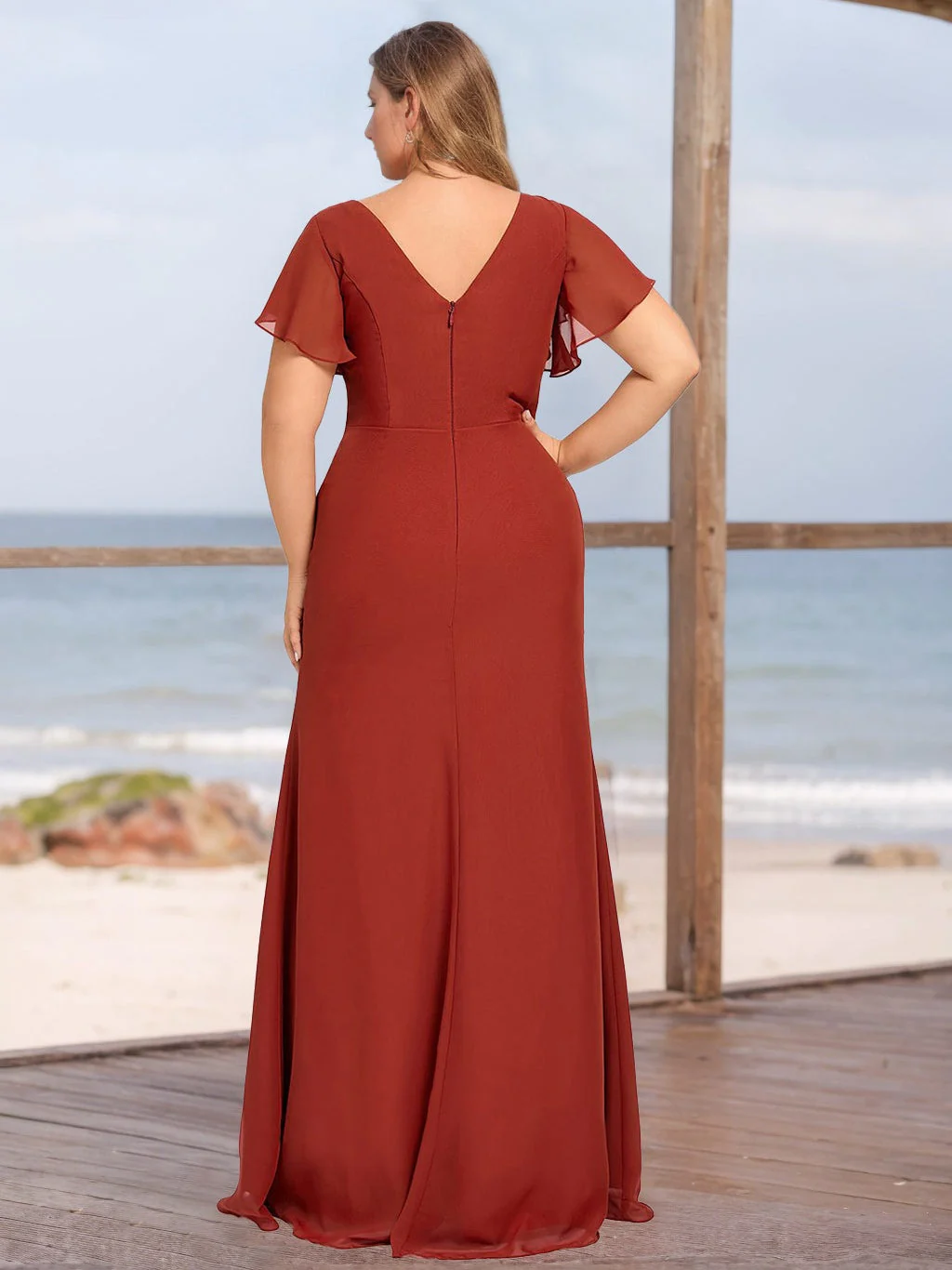 A-Line/Princess V-Neck Short Sleeves Plus Size Bridesmaid Dresses with Ruffles & Split Side - Image 2