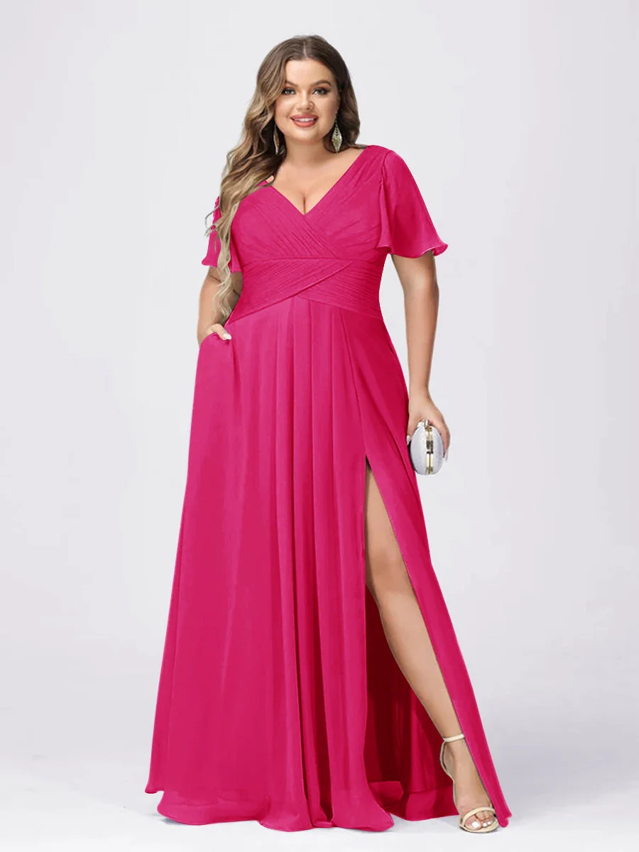 A Line/Princess V-Neck Short Sleeves Plus Size Bridesmaid Dresses with Split Side - Image 28
