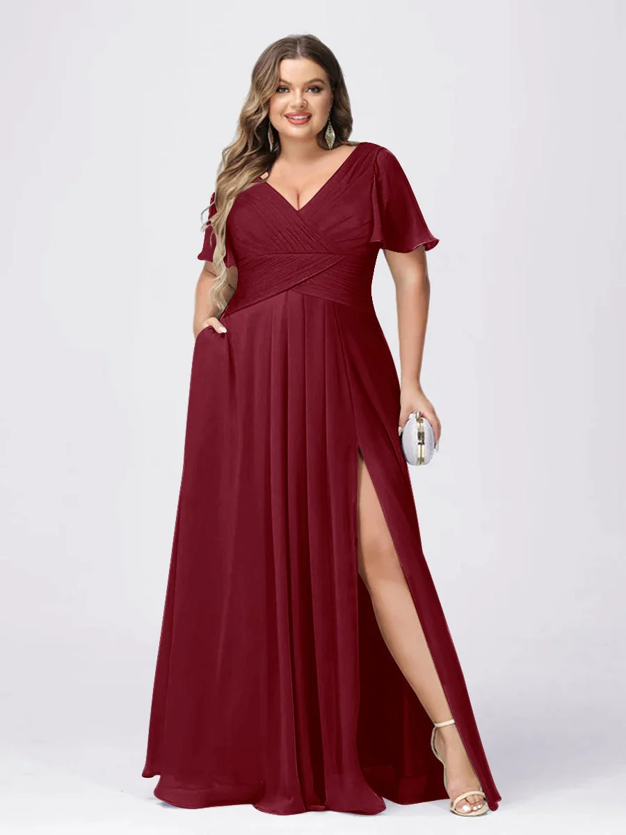 A Line/Princess V-Neck Short Sleeves Plus Size Bridesmaid Dresses with Split Side - Image 33