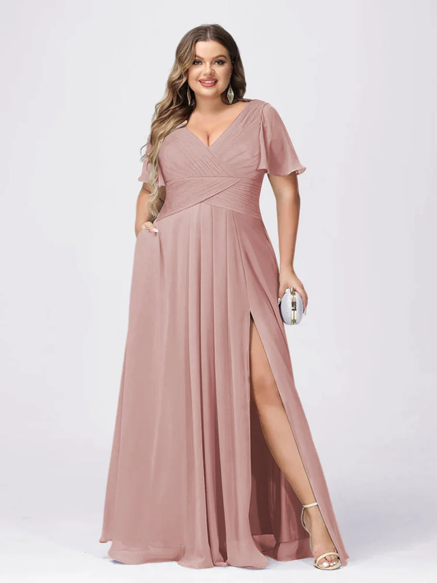 A Line/Princess V-Neck Short Sleeves Plus Size Bridesmaid Dresses with Split Side - Image 4