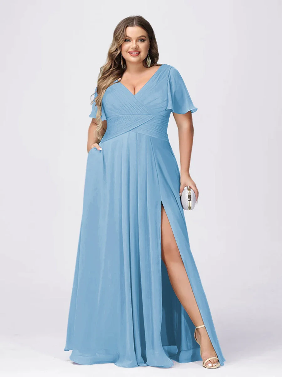 A Line/Princess V-Neck Short Sleeves Plus Size Bridesmaid Dresses with Split Side - Image 45
