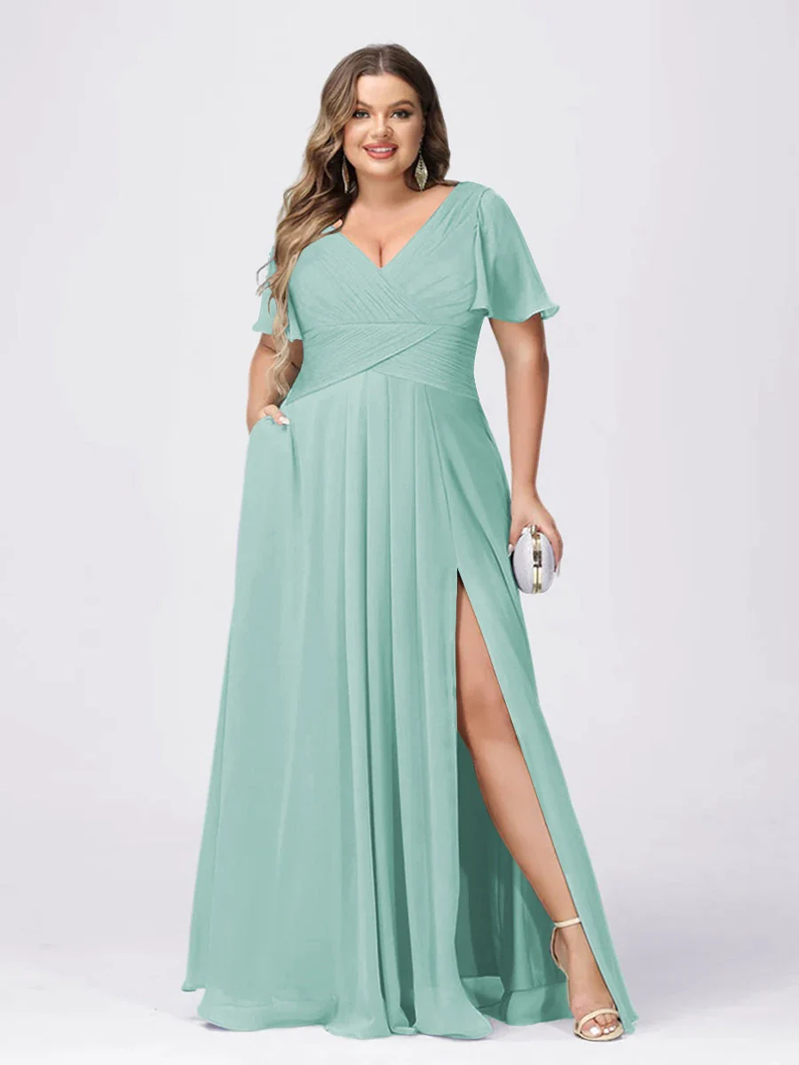 A Line/Princess V-Neck Short Sleeves Plus Size Bridesmaid Dresses with Split Side - Image 55