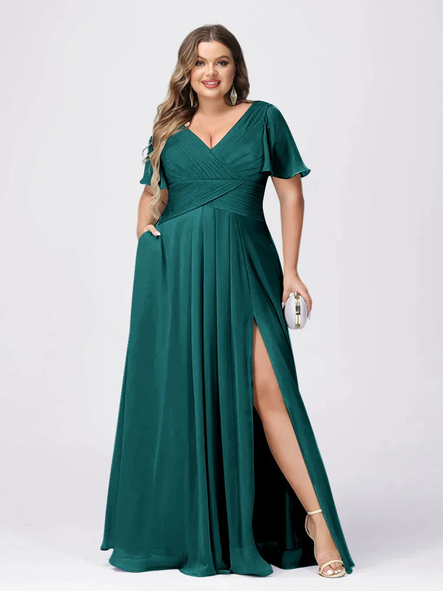 A Line/Princess V-Neck Short Sleeves Plus Size Bridesmaid Dresses with Split Side - Image 61