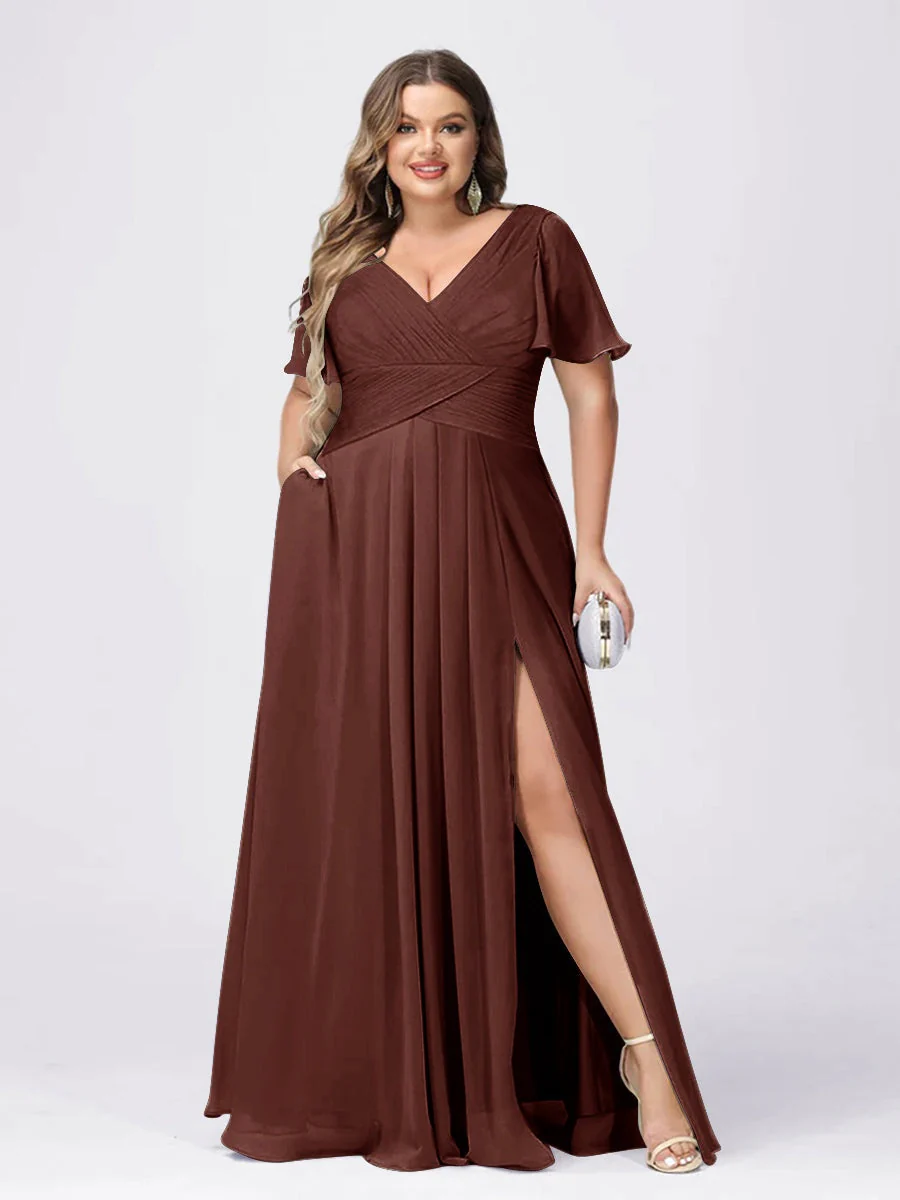 A Line/Princess V-Neck Short Sleeves Plus Size Bridesmaid Dresses with Split Side - Image 70
