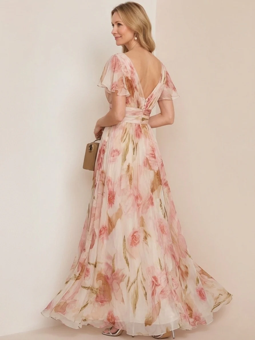 A-Line/Princess V-Neck Short Sleeves Printed Floral Mother of the Bride Dresses with Ruffles - Image 2