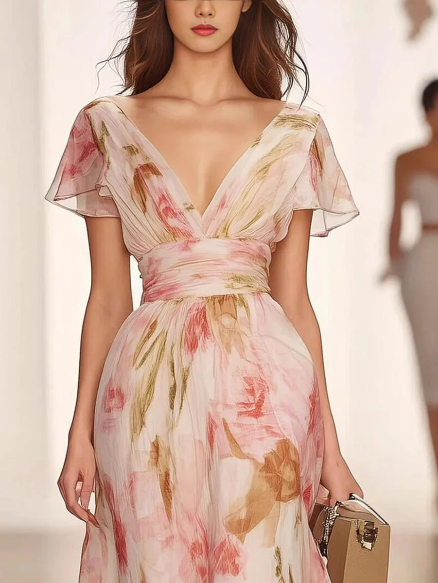 A-Line/Princess V-Neck Short Sleeves Printed Floral Mother of the Bride Dresses with Ruffles - Image 3