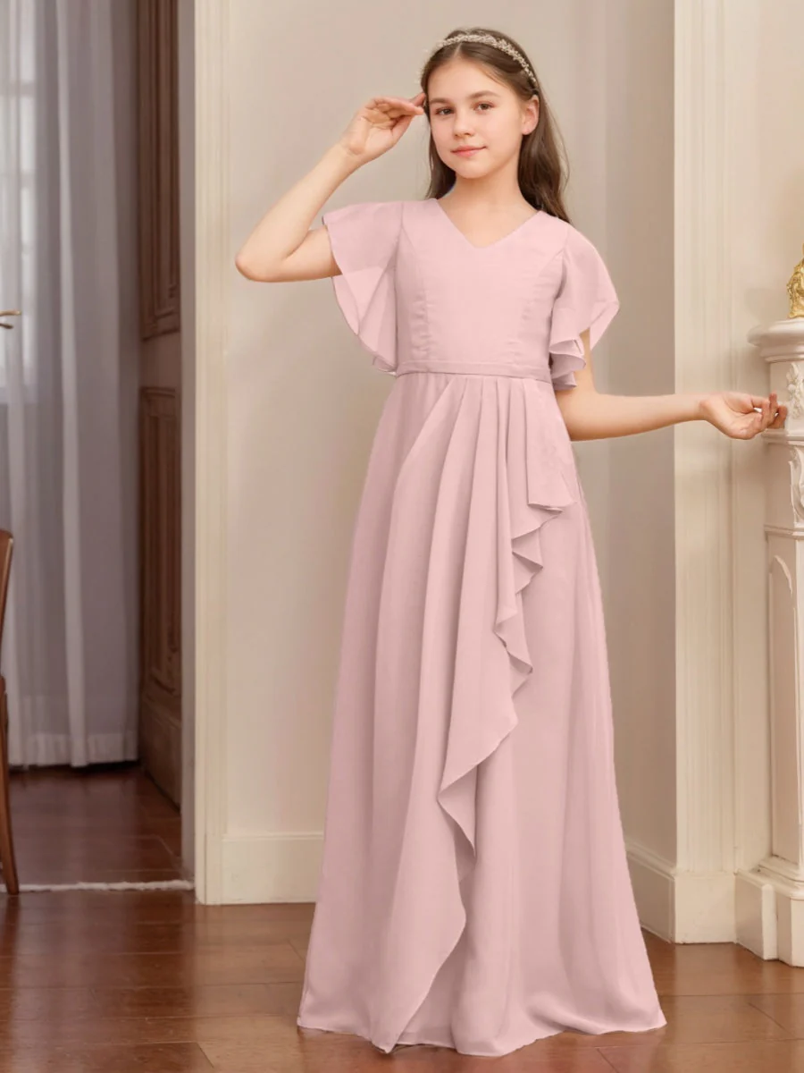 A-line/Princess V-neck Short Sleeves Ruched Floor-Length Junior Bridesmaid Dress with Ruffles