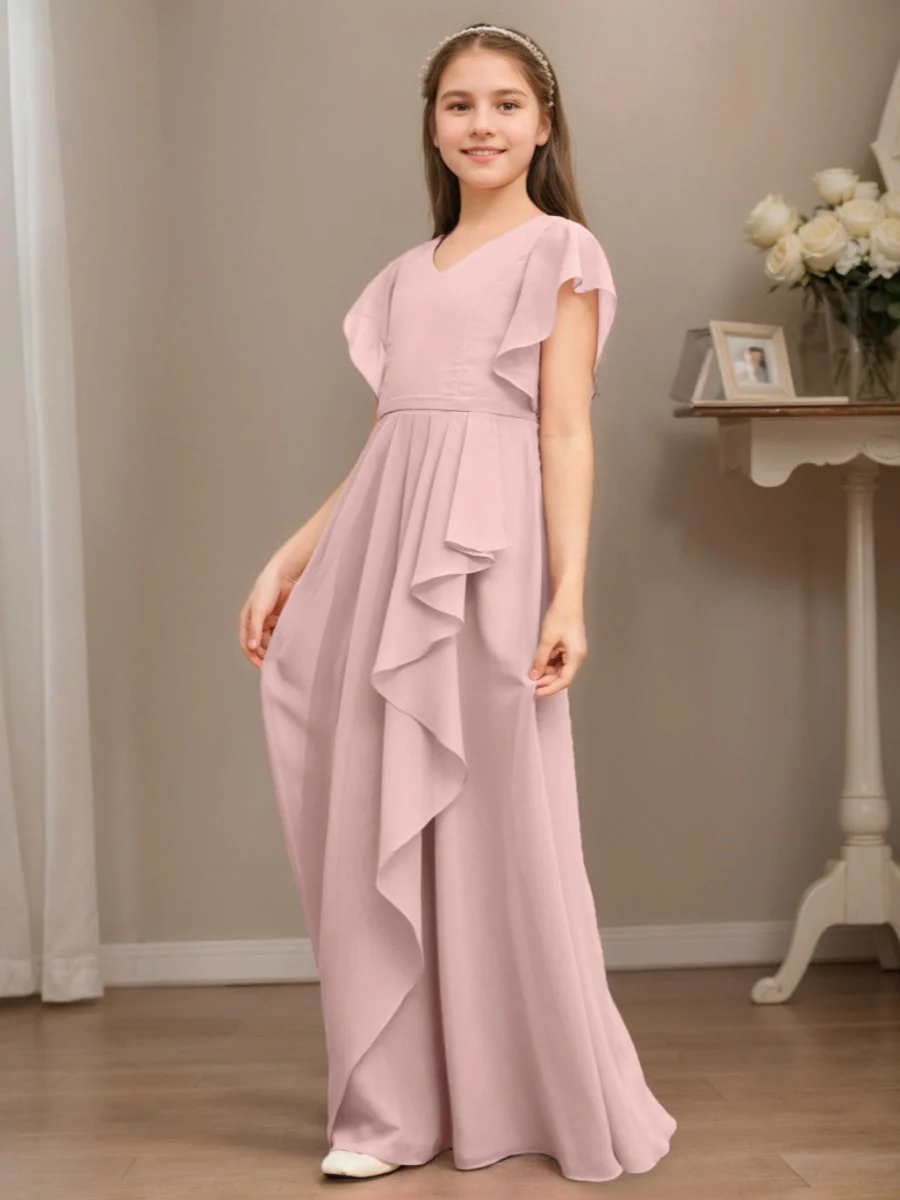 A-Line/Princess V-neck Short Sleeves Ruched Floor-Length Junior Bridesmaid Dresses with Ruffles - Image 3