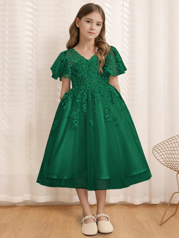 A-Line/Princess V-Neck Short Sleeves Tea-Length Flower Girl Dress with Lace - Image 10