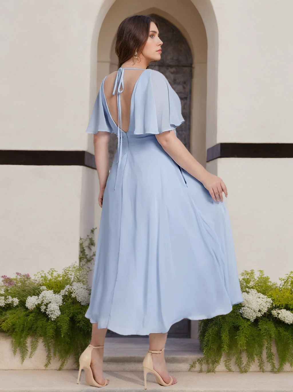 A-Line/Princess V-Neck Short Sleeves Tea-Length Plus Size Bridesmaid Dresses with Ruffles - Image 2