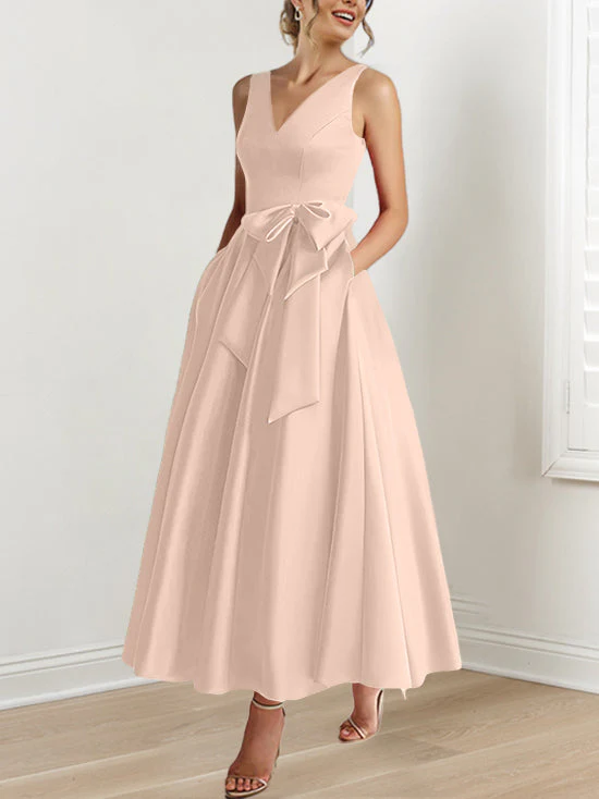 A-Line/Princess V-Neck Sleeveless Ankle-Length Mother of the Bride Dresses with Pockets & Ruffles - Image 48