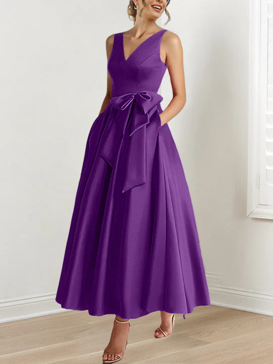 A-Line/Princess V-Neck Sleeveless Ankle-Length Mother of the Bride Dresses with Pockets & Ruffles - Image 49