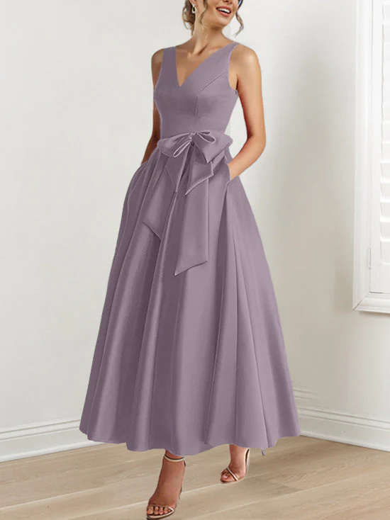 A-Line/Princess V-Neck Sleeveless Ankle-Length Mother of the Bride Dresses with Pockets & Ruffles - Image 59