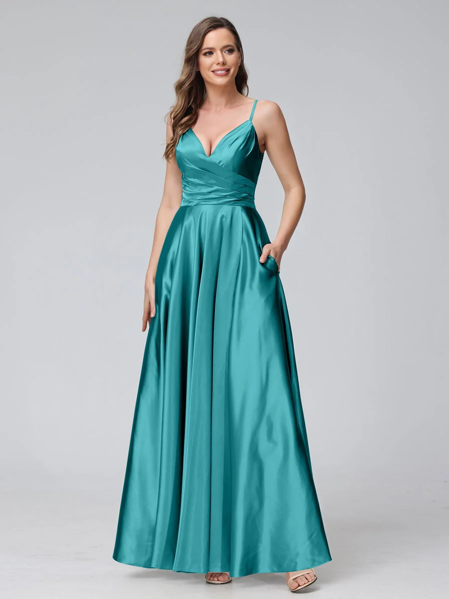 A-Line/Princess V-Neck Sleeveless Ankle-Length Silk Satin Bridemaid Dresses with Pockets & Split Side - Image 42