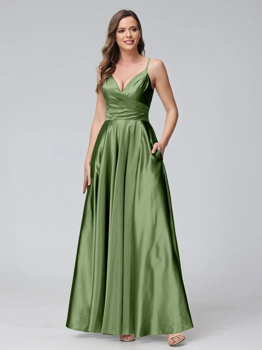 A-Line/Princess V-Neck Sleeveless Ankle-Length Silk Satin Bridemaid Dresses with Pockets & Split Side - Image 50