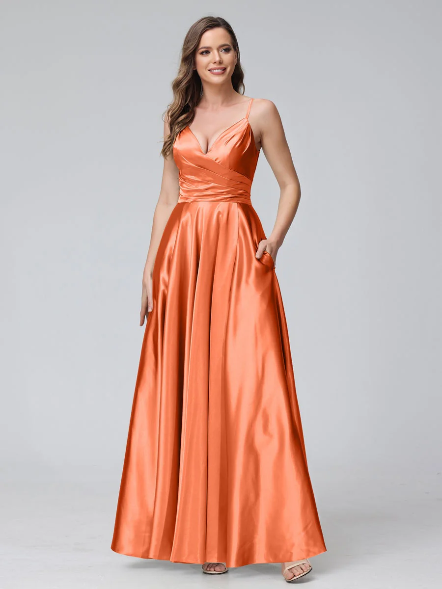 A-Line/Princess V-Neck Sleeveless Ankle-Length Silk Satin Bridemaid Dresses with Pockets & Split Side - Image 55