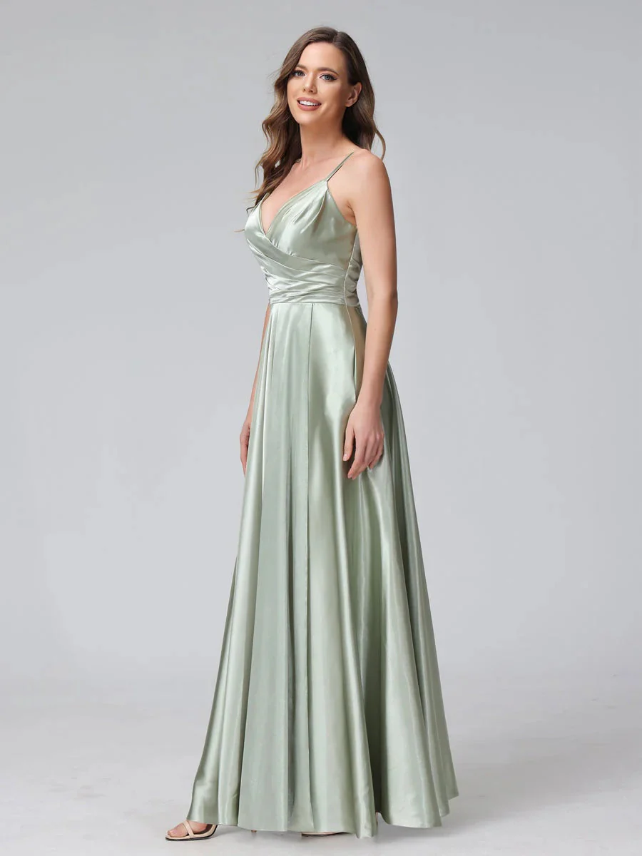 A-Line/Princess V-Neck Sleeveless Ankle-Length Silk Satin Bridemaid Dresses with Pockets & Split Side - Image 6