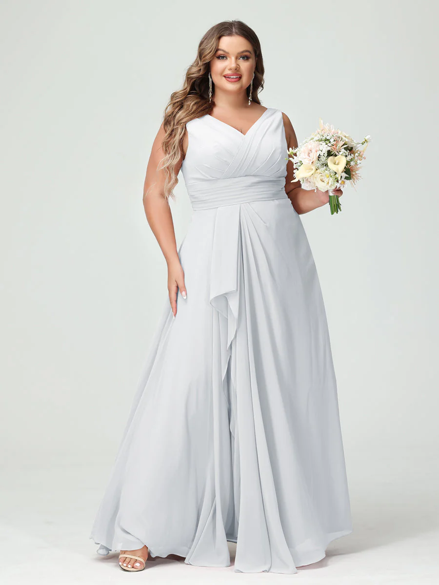 A-Line/Princess V-Neck Sleeveless Chiffon Ruffles Plus Size Bridesmaid Dresses with Pockets & Ruffles - Image 20