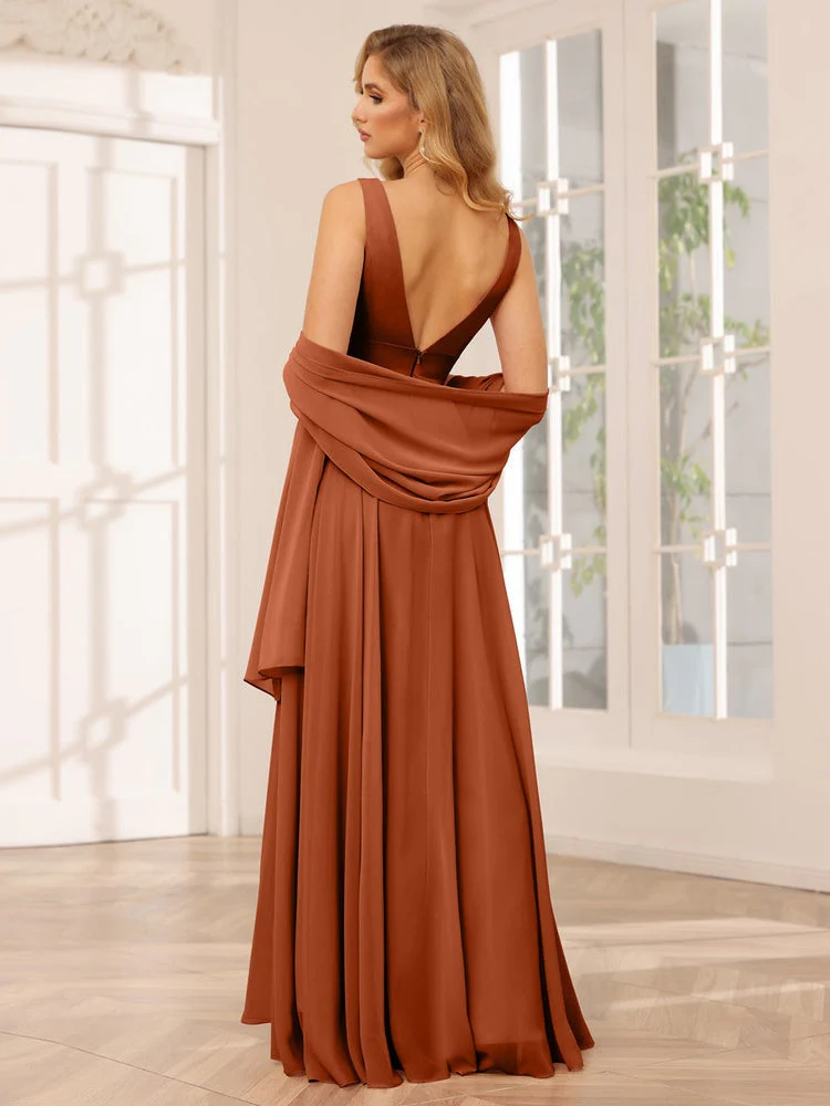 A-Line/Princess V-Neck Sleeveless Floor-Length Asymmetrical Bridesmaid Dresses with Ruffles - Image 3
