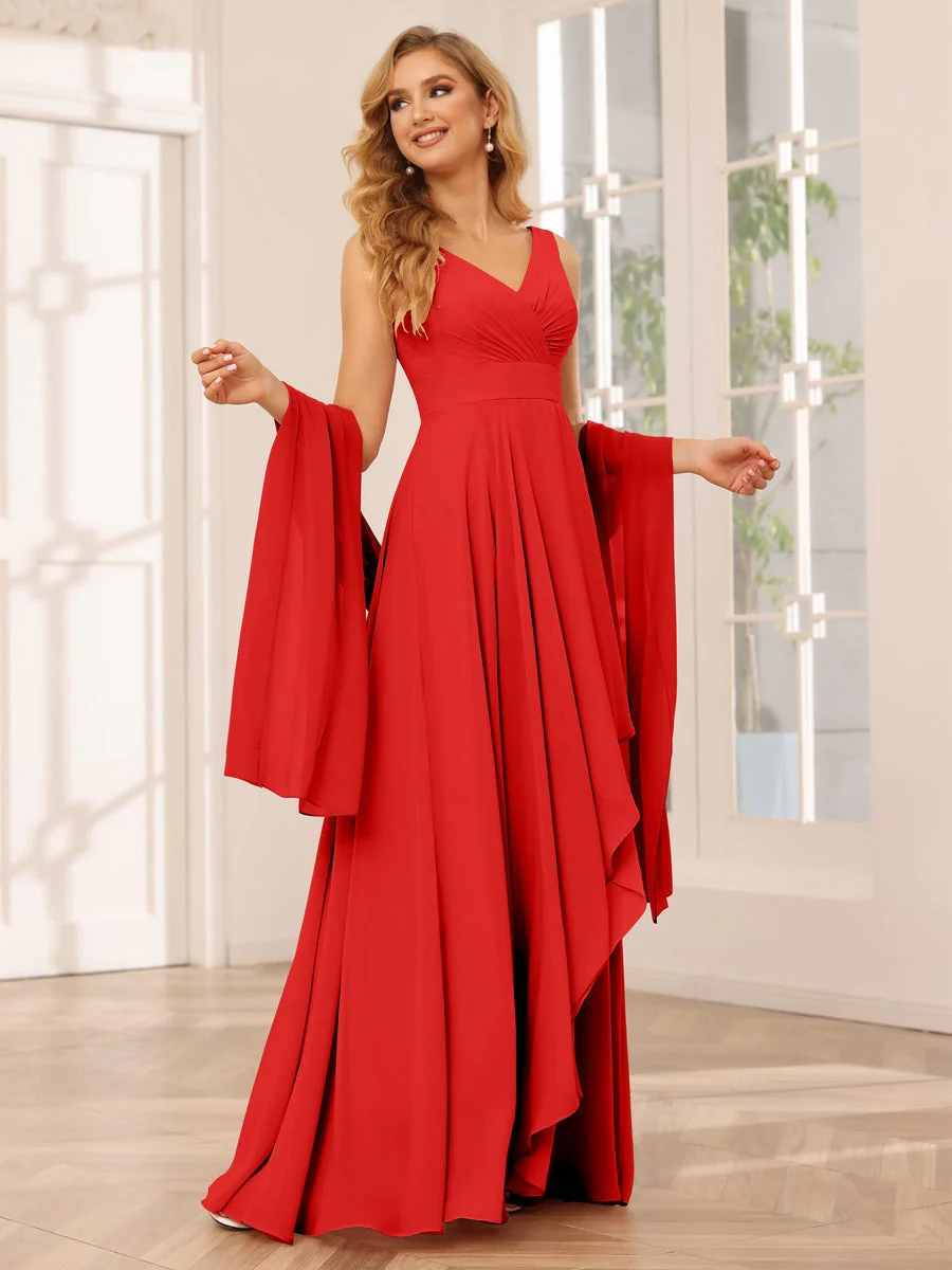 A-Line/Princess V-Neck Sleeveless Floor-Length Asymmetrical Bridesmaid Dresses with Ruffles - Image 36