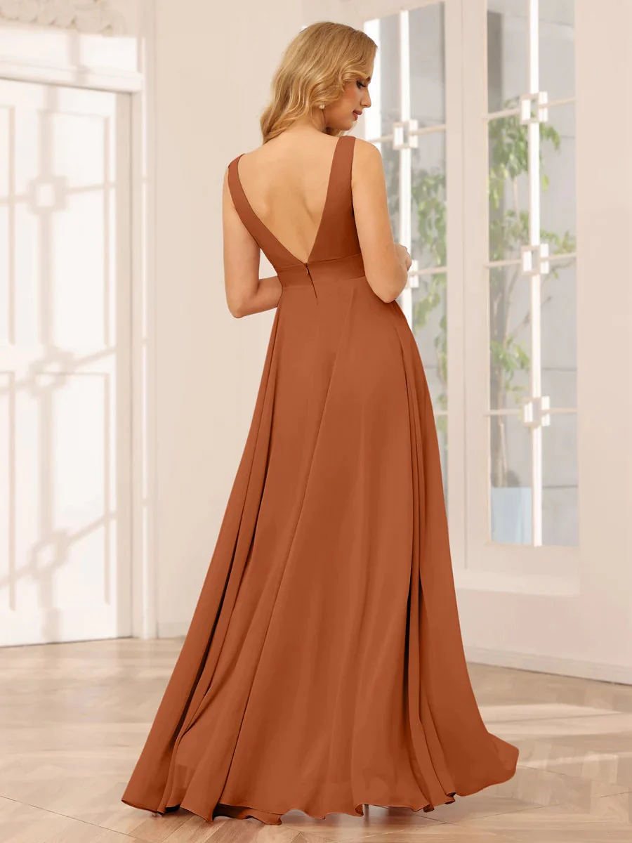 A-Line/Princess V-Neck Sleeveless Floor-Length Asymmetrical Bridesmaid Dresses with Ruffles - Image 7