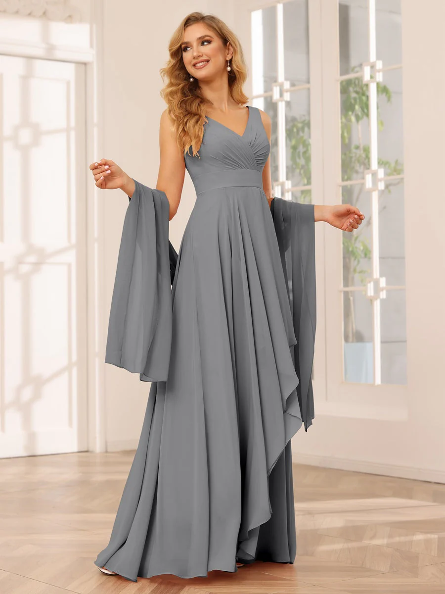 A-Line/Princess V-Neck Sleeveless Floor-Length Asymmetrical Bridesmaid Dresses with Ruffles - Image 75
