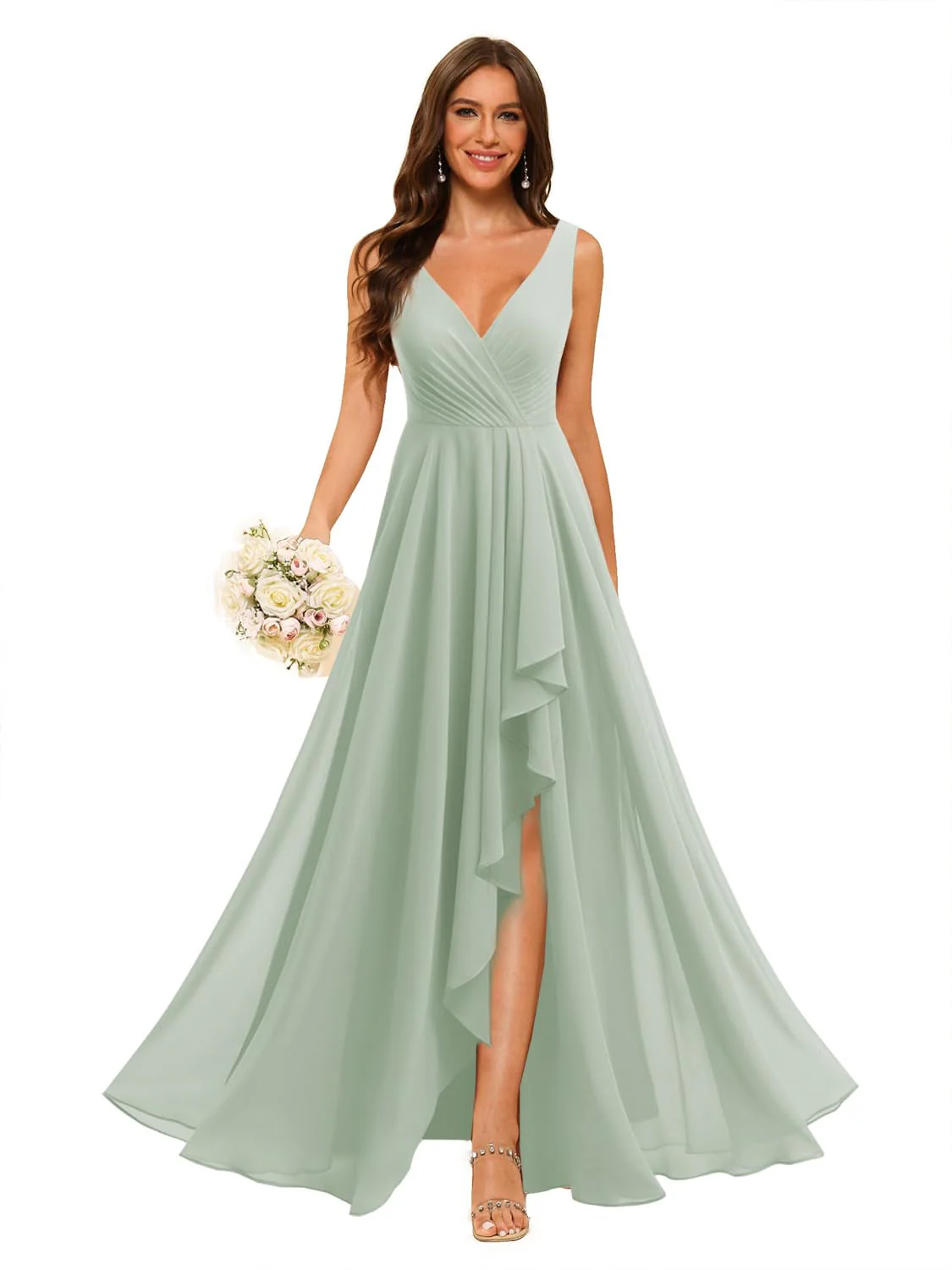 A-Line/Princess V Neck Sleeveless Floor Length Bridesmaid Dresses Chiffon with Slit Pockets - Image 13