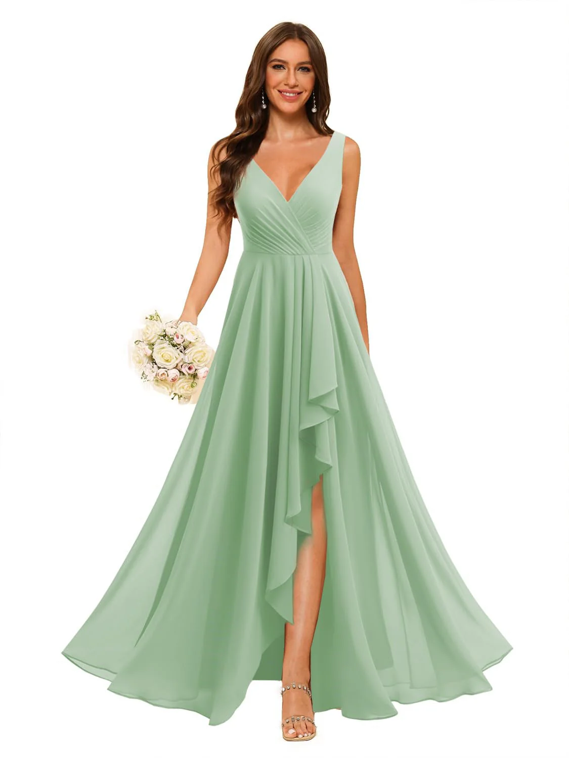 A-Line/Princess V Neck Sleeveless Floor Length Bridesmaid Dresses Chiffon with Slit Pockets - Image 18