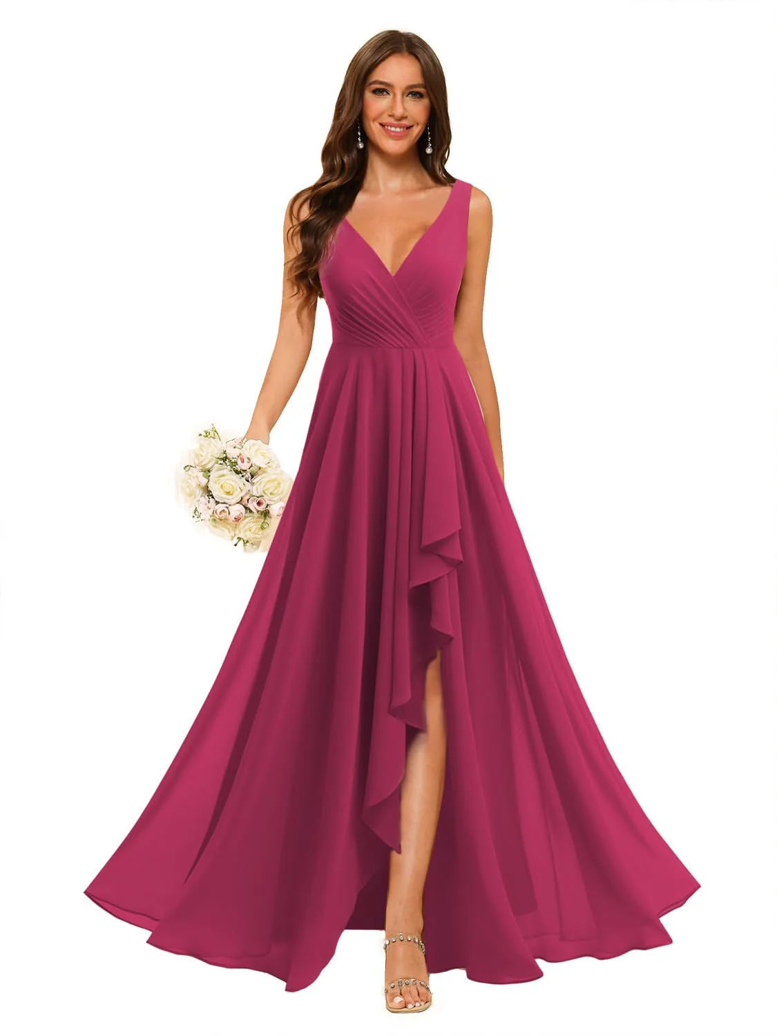 A-Line/Princess V Neck Sleeveless Floor Length Bridesmaid Dresses Chiffon with Slit Pockets - Image 19