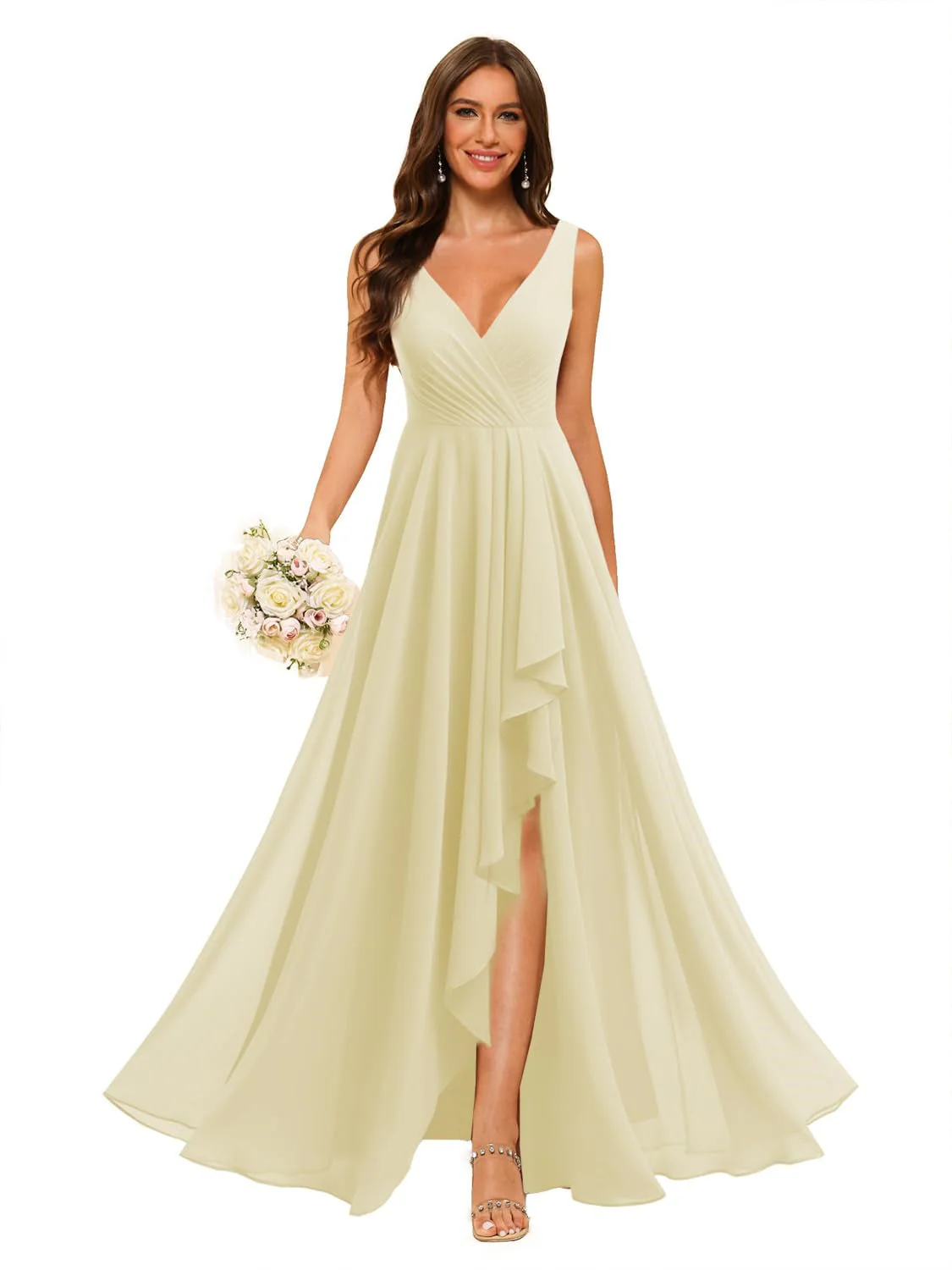 A-Line/Princess V Neck Sleeveless Floor Length Bridesmaid Dresses Chiffon with Slit Pockets - Image 20