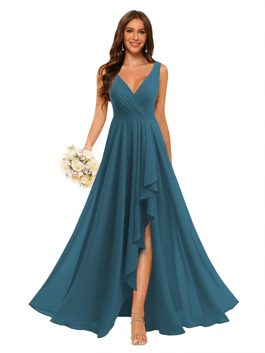 A-Line/Princess V Neck Sleeveless Floor Length Bridesmaid Dresses Chiffon with Slit Pockets - Image 21