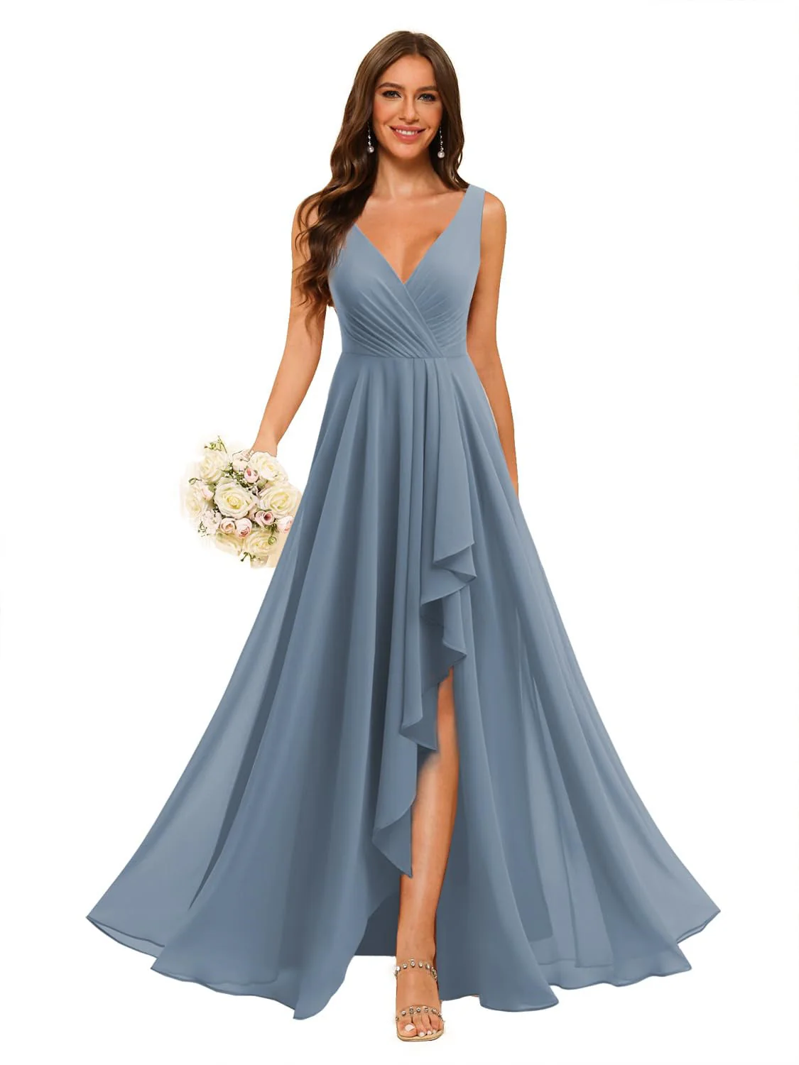 A-Line/Princess V Neck Sleeveless Floor Length Bridesmaid Dresses Chiffon with Slit Pockets - Image 24