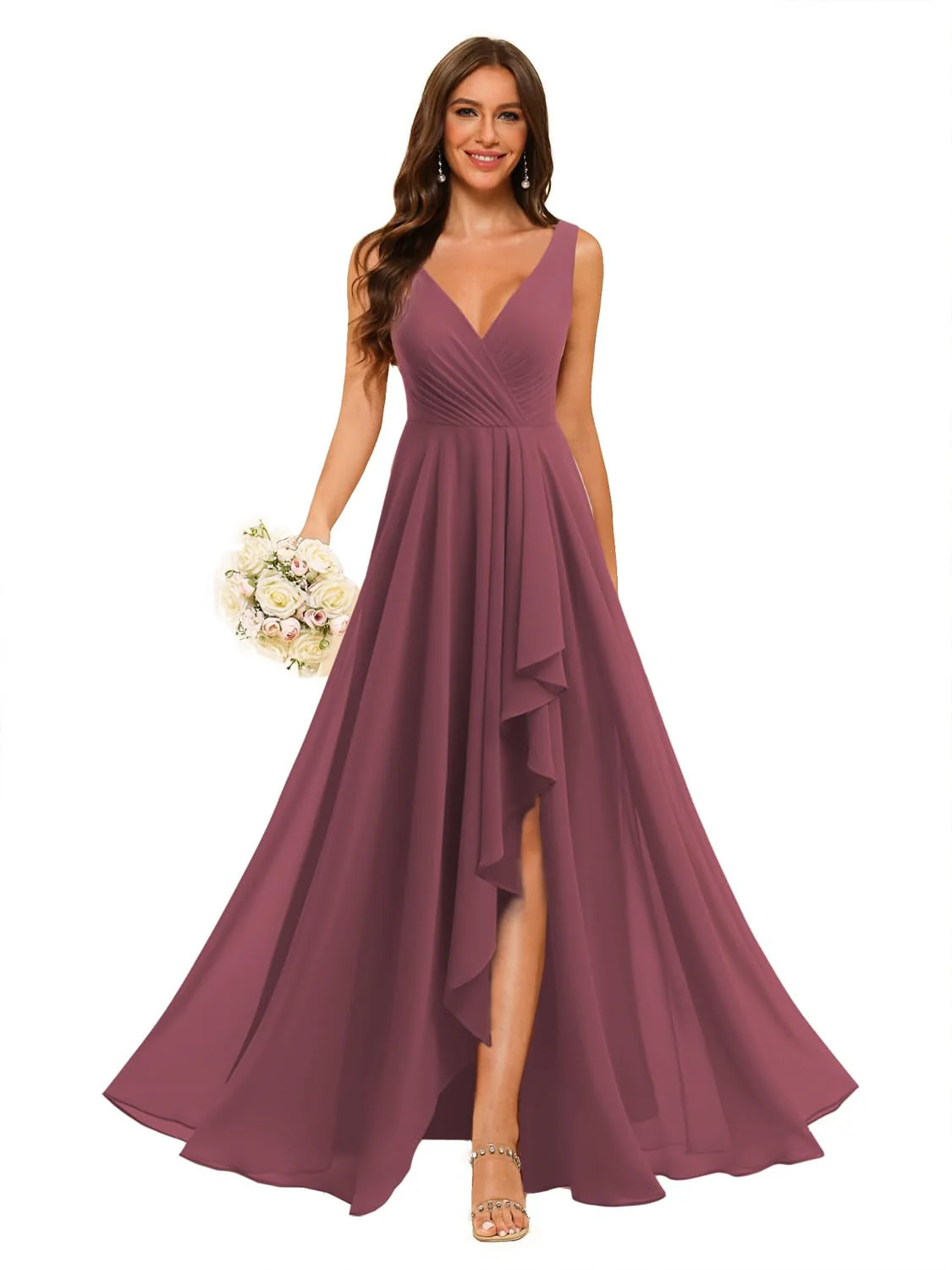 A-Line/Princess V Neck Sleeveless Floor Length Bridesmaid Dresses Chiffon with Slit Pockets - Image 25