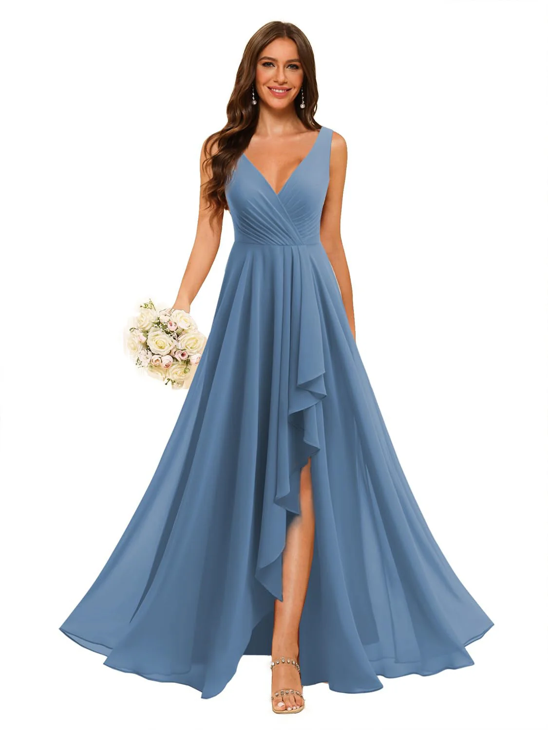 A-Line/Princess V Neck Sleeveless Floor Length Bridesmaid Dresses Chiffon with Slit Pockets - Image 31