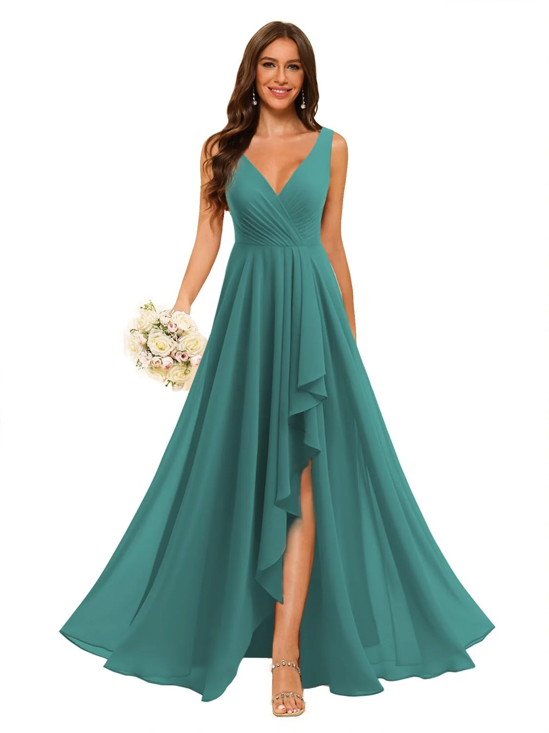A-Line/Princess V Neck Sleeveless Floor Length Bridesmaid Dresses Chiffon with Slit Pockets - Image 32