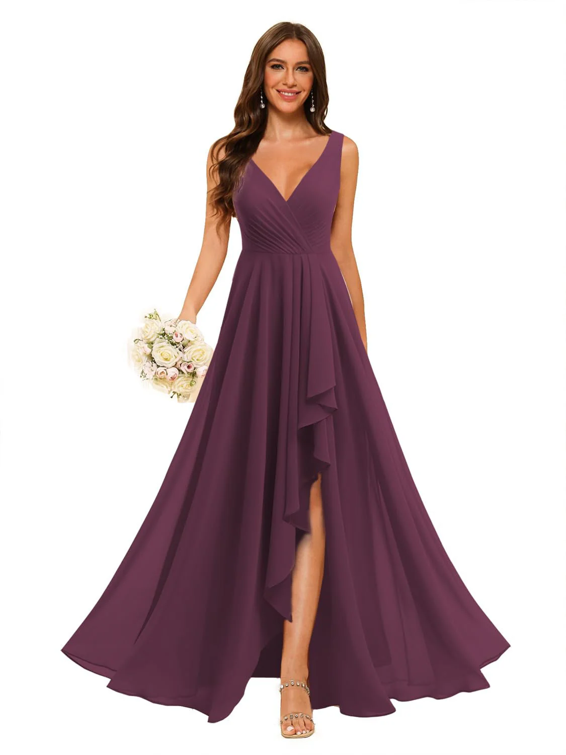 A-Line/Princess V Neck Sleeveless Floor Length Bridesmaid Dresses Chiffon with Slit Pockets - Image 36