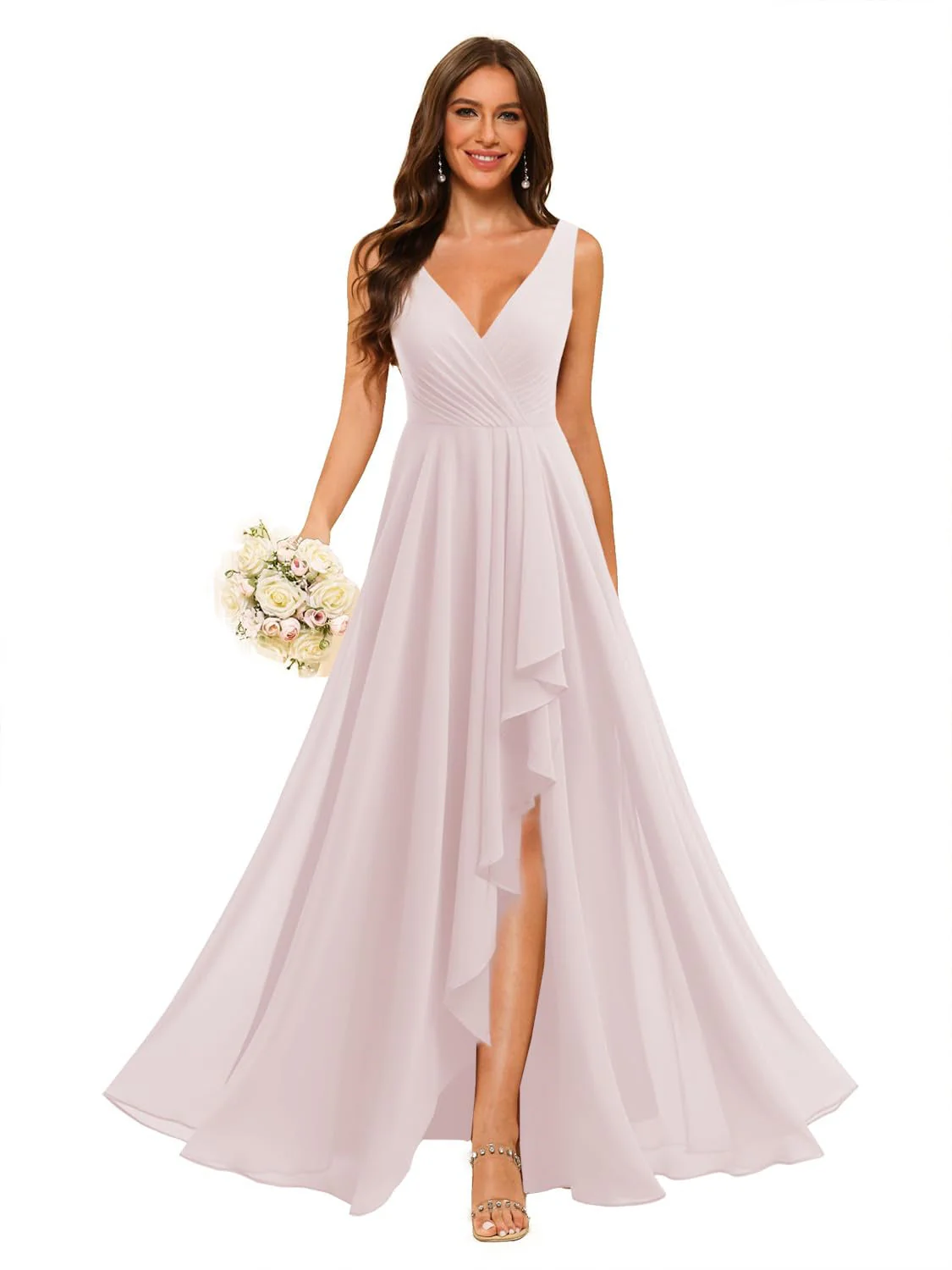A-Line/Princess V Neck Sleeveless Floor Length Bridesmaid Dresses Chiffon with Slit Pockets - Image 38