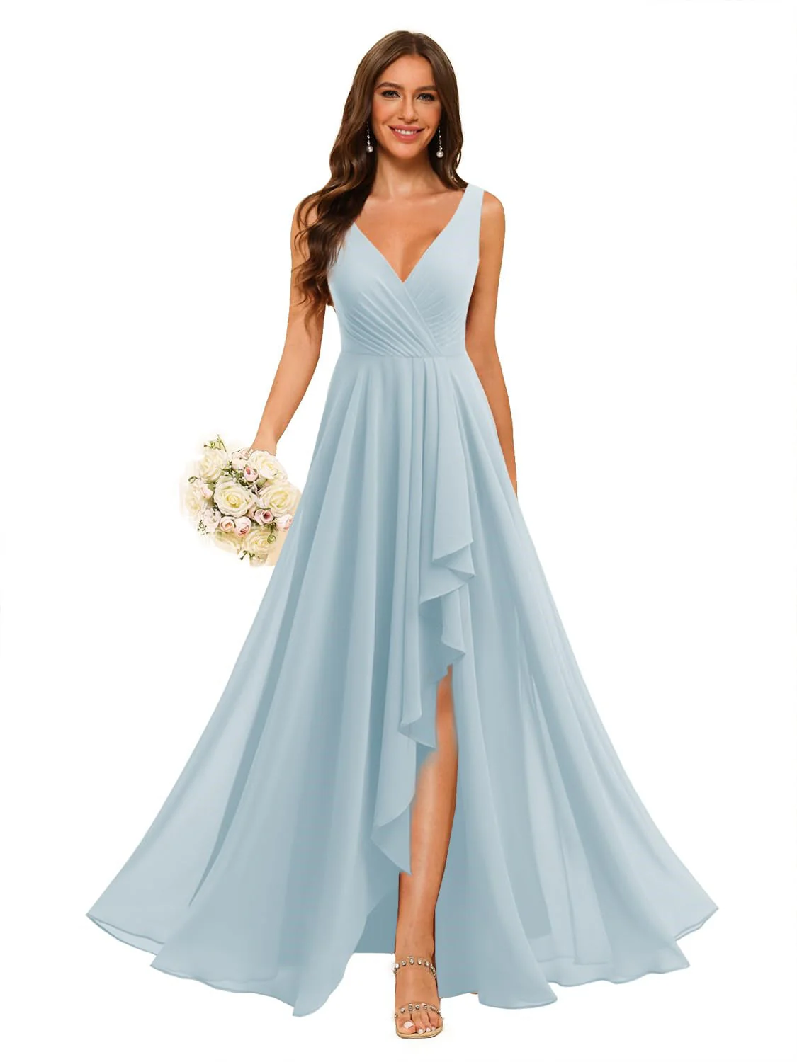 A-Line/Princess V Neck Sleeveless Floor Length Bridesmaid Dresses Chiffon with Slit Pockets - Image 39