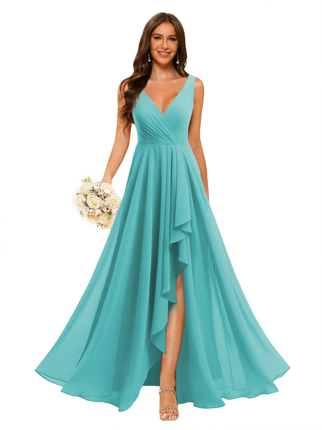 A-Line/Princess V Neck Sleeveless Floor Length Bridesmaid Dresses Chiffon with Slit Pockets - Image 40