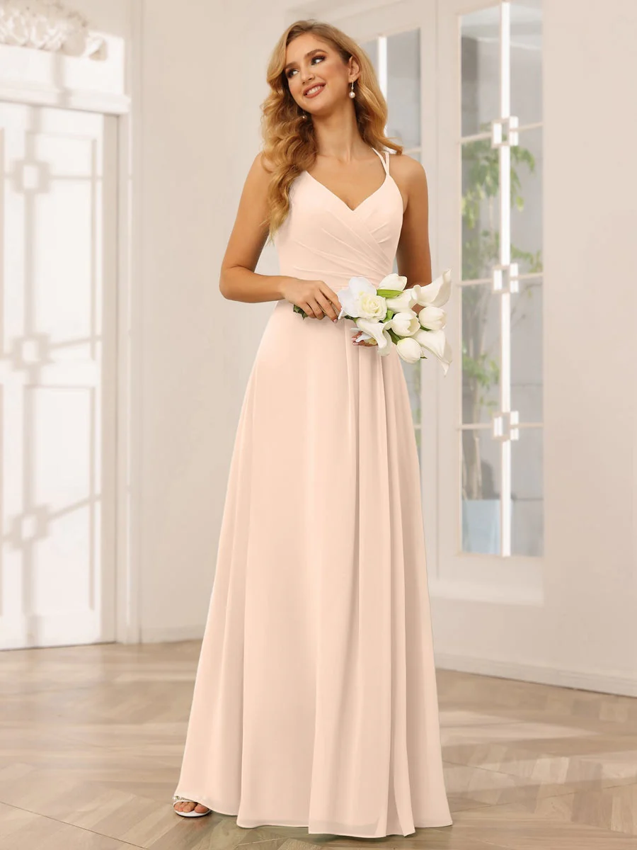 A-Line/Princess V-Neck Sleeveless Floor-Length Bridesmaid Dresses with Ruffles - Image 25