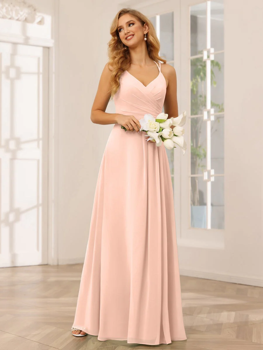 A-Line/Princess V-Neck Sleeveless Floor-Length Bridesmaid Dresses with Ruffles - Image 30