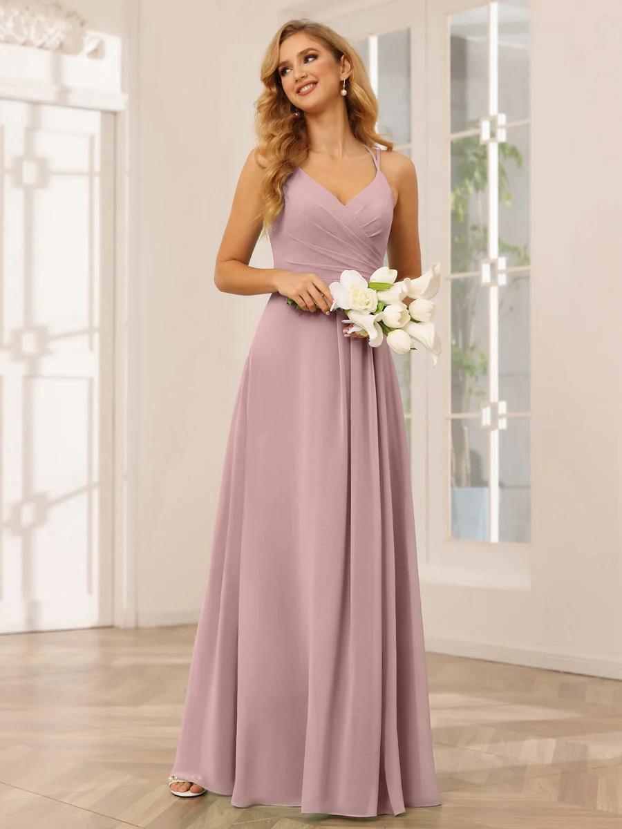 A-Line/Princess V-Neck Sleeveless Floor-Length Bridesmaid Dresses with Ruffles - Image 32
