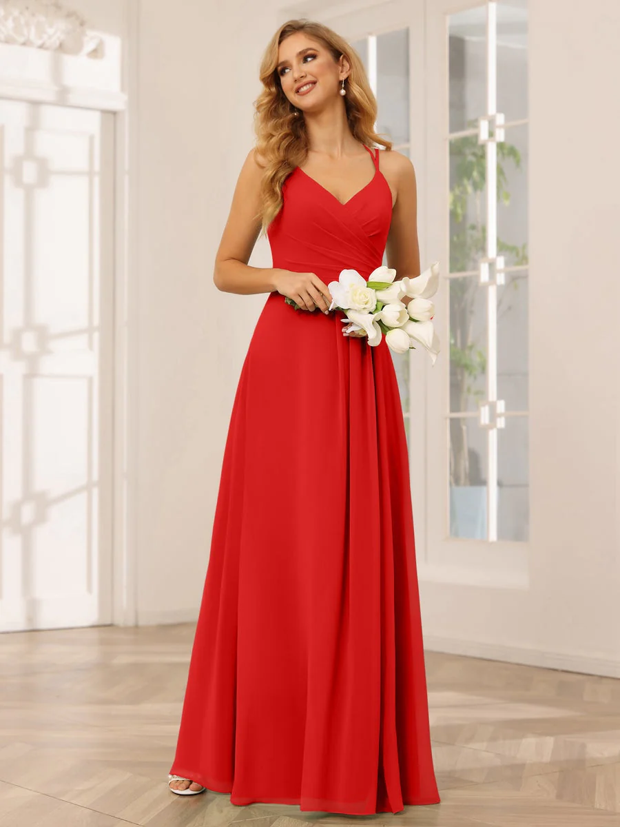 A-Line/Princess V-Neck Sleeveless Floor-Length Bridesmaid Dresses with Ruffles - Image 37