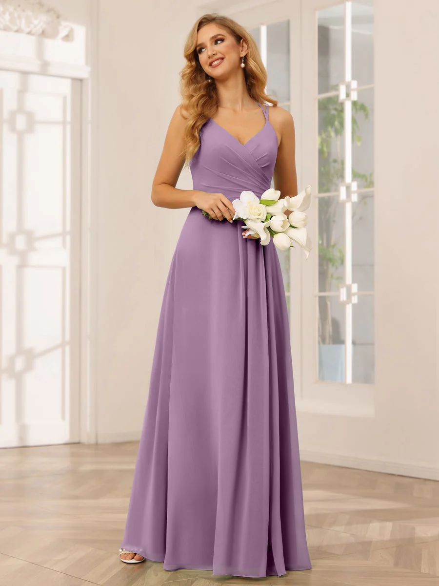 A-Line/Princess V-Neck Sleeveless Floor-Length Bridesmaid Dresses with Ruffles - Image 41