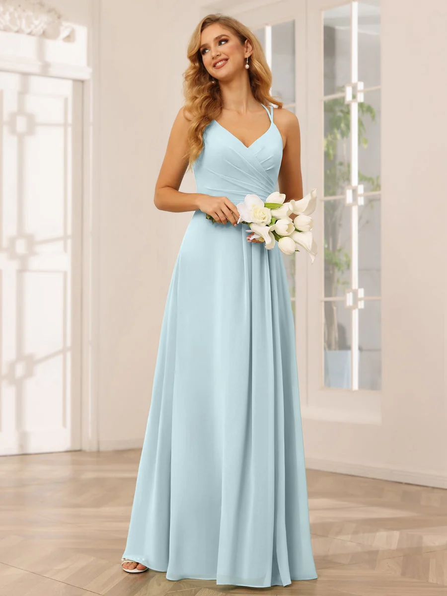 A-Line/Princess V-Neck Sleeveless Floor-Length Bridesmaid Dresses with Ruffles - Image 48